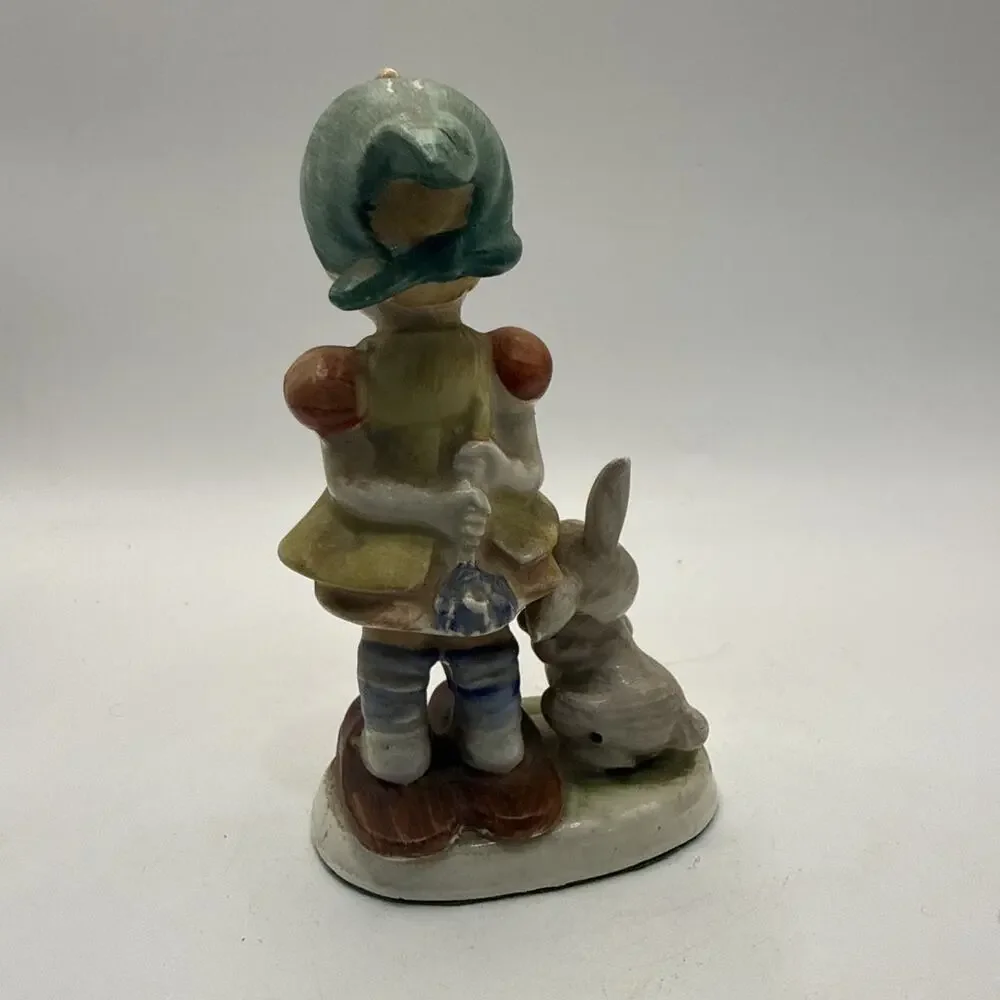 Hummel Style Figure Girl With Rabbit Bunny Ceramic Vintage Flower Figurine *